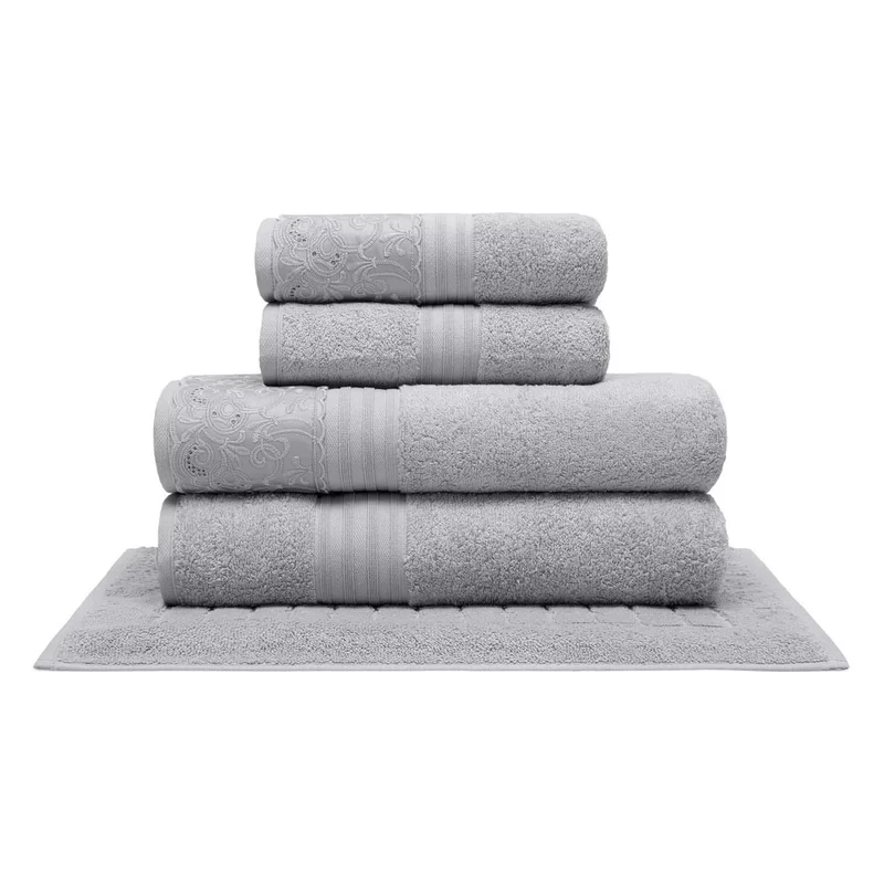 Jogo de toalha de banho com renda 5 peças em algodão egípcio cinza Clarys - Buettner 