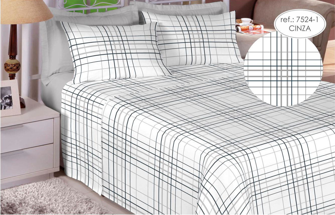 Jogo de cama queen premium 200 fios 100% algodão cinza 7524-1 - Estamparia