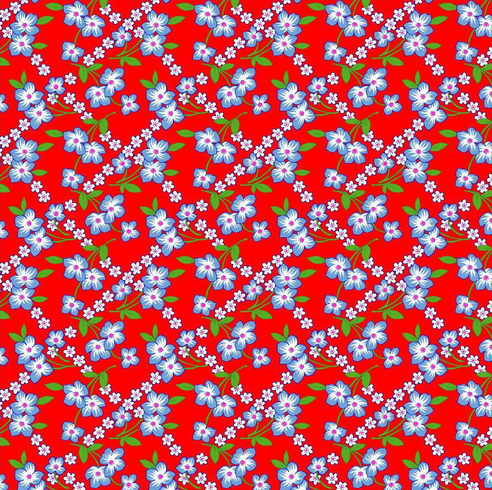 Tecido chitão 100% algodão estampado floral azul e branco fundo vermelho