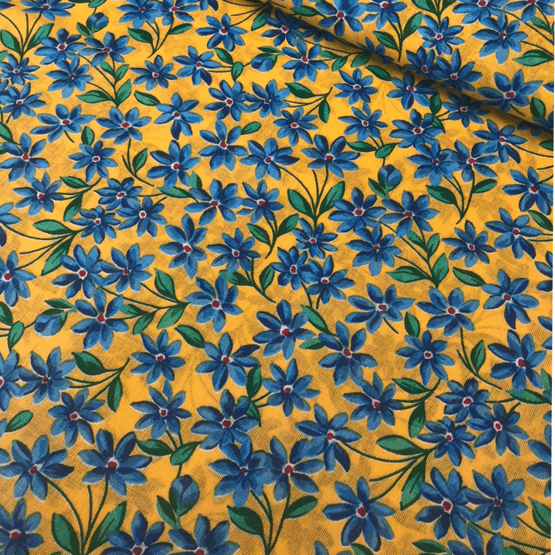 Tecido chitão 100% algodão estampado Jardim azul fundo amarelo