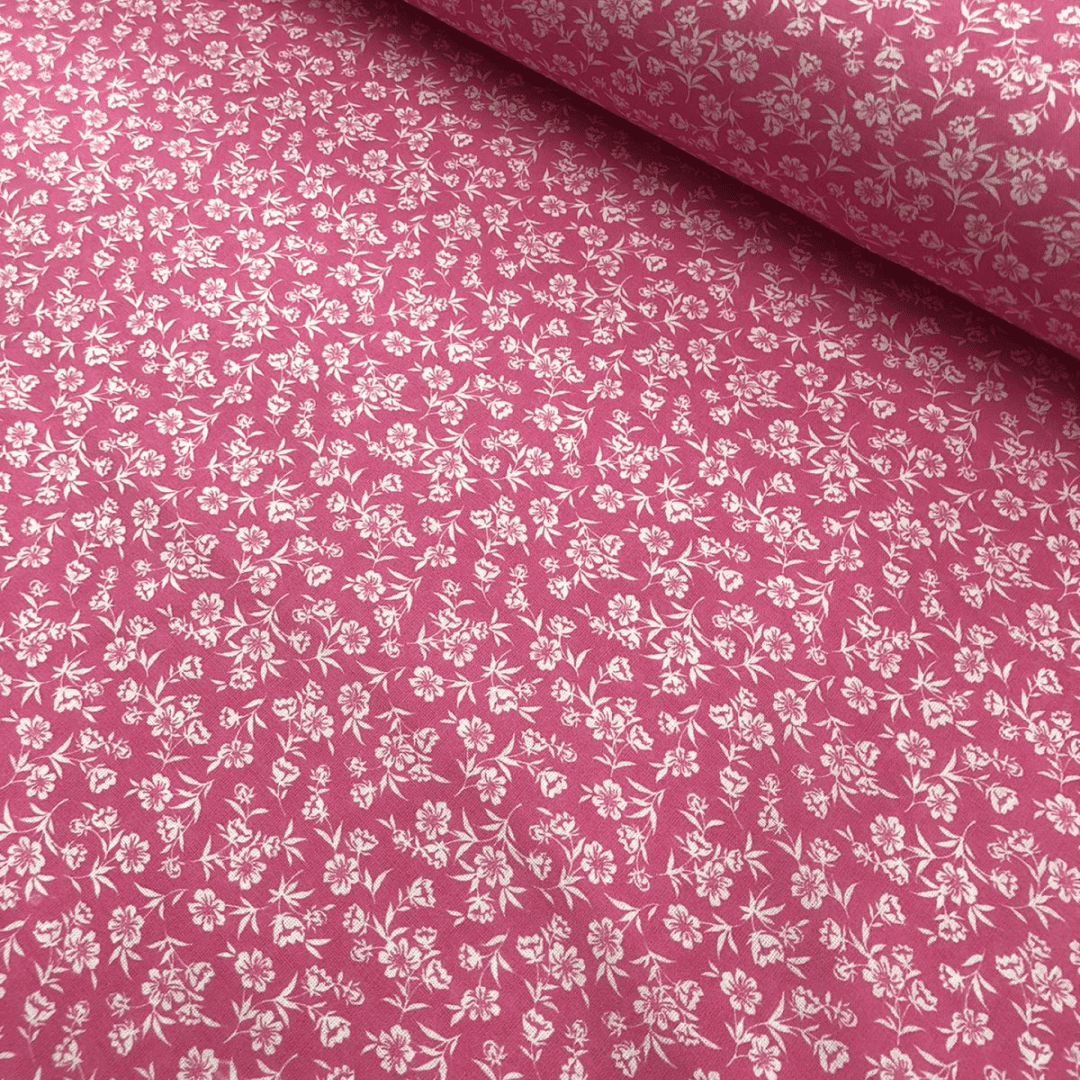 Tecido Textoleen estampado Floral branco fundo rosa