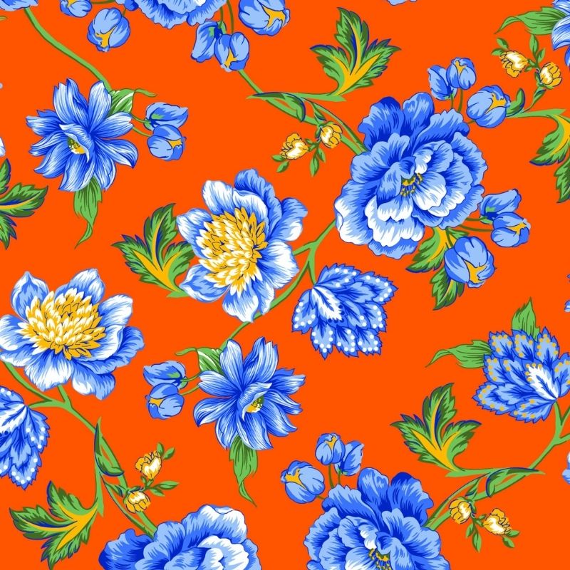 Tecido chitão 100% algodão estampado floral azul fundo laranjado