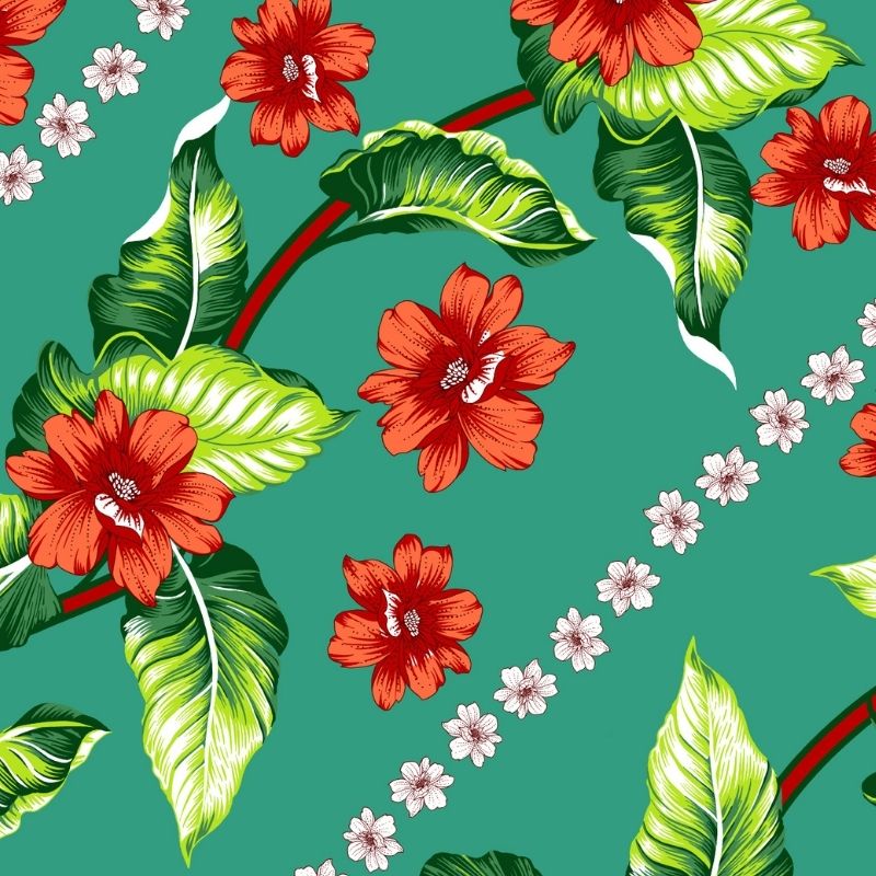 Tecido chitão 100% algodão estampado floral hibisco vermelho fundo verde 