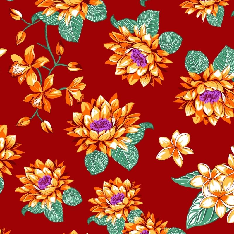 Tecido chitão 100% algodão estampado floral laranja fundo vermelho