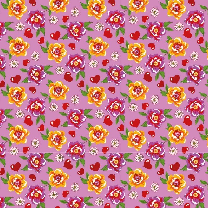 Tecido chitão 100% algodão estampado floral rosa, amarelo e corações fundo rosa