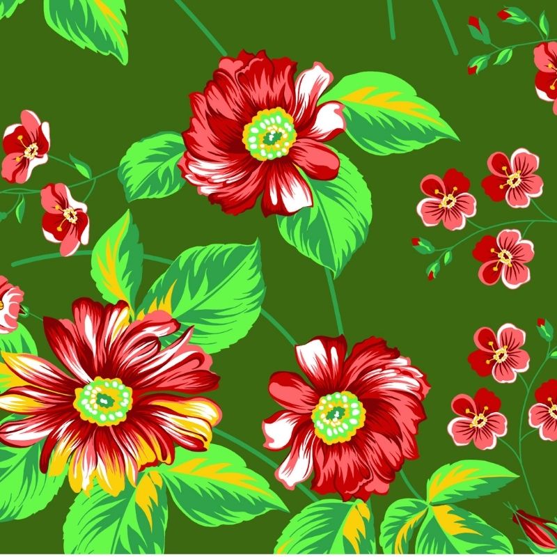Tecido chitão 100% algodão estampado floral vermelho fundo verde musgo