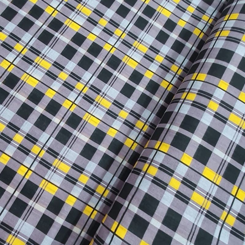 Tecido chitão 100% algodão estampado xadrez amarelo, preto e cinza