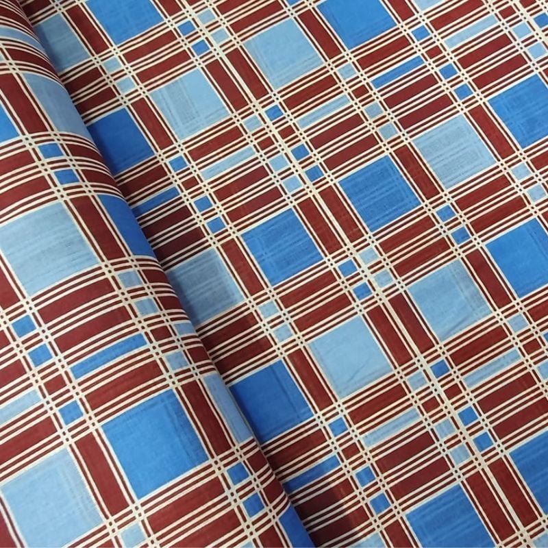 Tecido chitão 100% algodão estampado xadrez azul e marrom