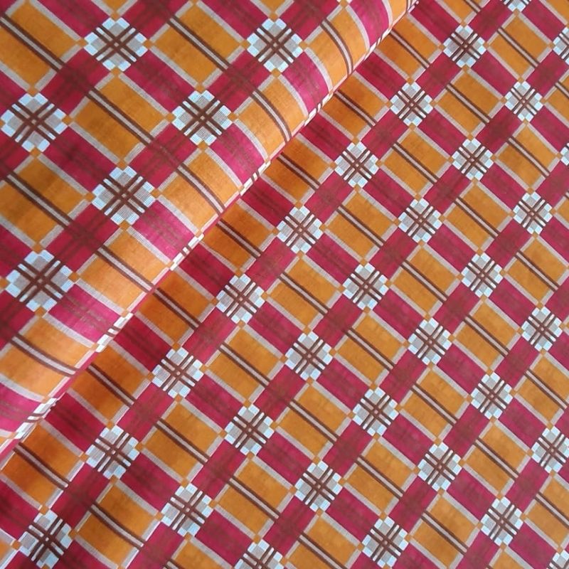 Tecido chitão 100% algodão estampado xadrez vermelho e laranja