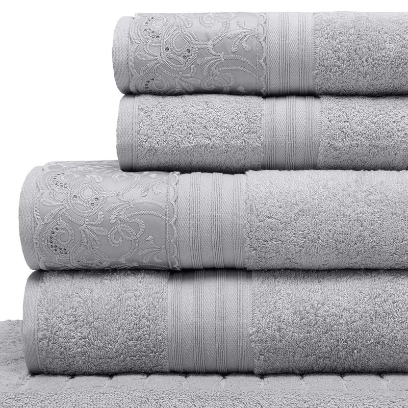 Jogo de toalha de banho com renda 5 peças em algodão egípcio cinza Clarys - Buettner 