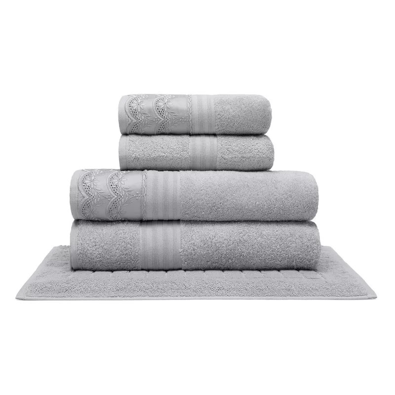 Jogo de toalha de banho com renda 5 peças em algodão egípcio cinza Luana - Buettner