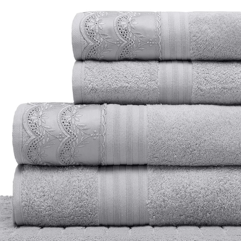 Jogo de toalha de banho com renda 5 peças em algodão egípcio cinza Luana - Buettner
