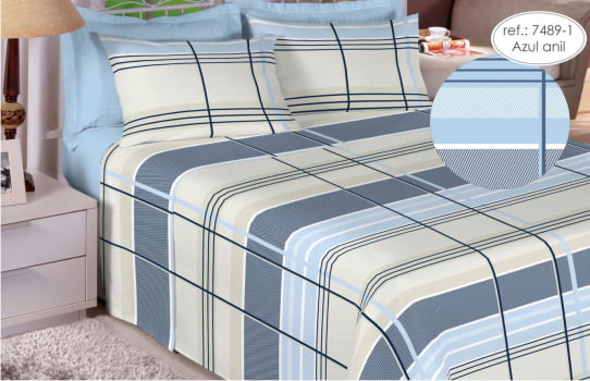 Jogo de cama casal premium linea 180 fios 100% algodão Azul Anil 7489-1  - Estamparia