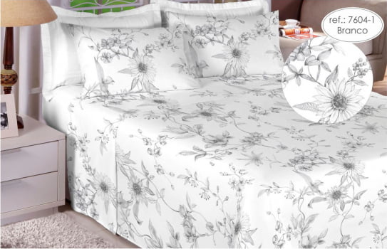 Jogo de cama queen premium 200 fios 100% algodão branco 7604-1- Estamparia