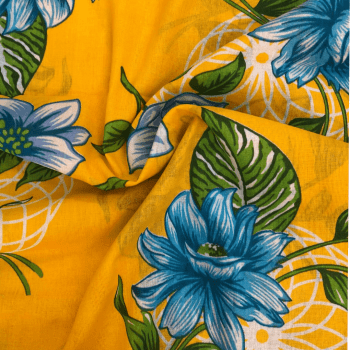 Tecido chitão 100% algodão estampado floral azul fundo amarelo