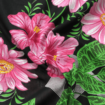 Tecido chitão 100% algodão estampado floral rosa fundo preto 