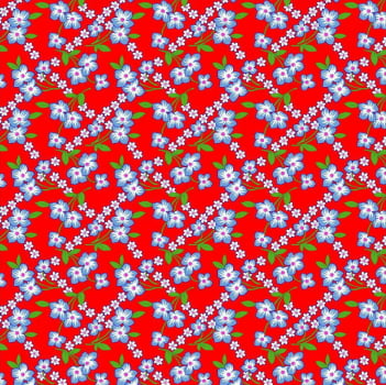 Tecido chitão 100% algodão estampado floral azul e branco fundo vermelho