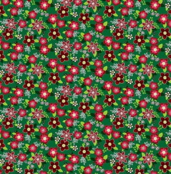 Tecido chitão 100% algodão estampado floral pequeno vermelho fundo verde