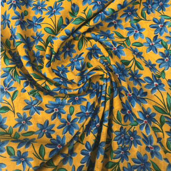 Tecido chitão 100% algodão estampado Jardim azul fundo amarelo