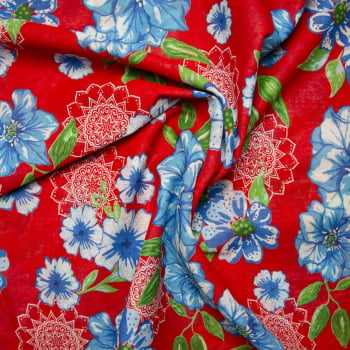 Tecido chitão 100% algodão estampado floral azul e mandala com fundo vermelho