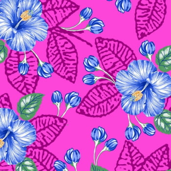 Tecido chitão 100% algodão estampado floral azul fundo rosa 