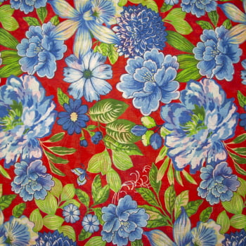 Tecido chitão 100% algodão estampado floral cheio azul fundo vermelho