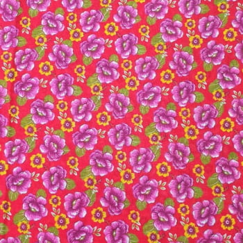 Tecido chitão 100% algodão estampado floral rosa e amarelo fundo vermelho