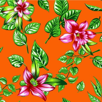 Tecido chitão 100% algodão estampado floral rosa e folhas verdes fundo laranjado