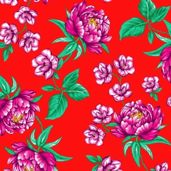 Tecido chitão 100% algodão estampado floral rosa fundo vermelho