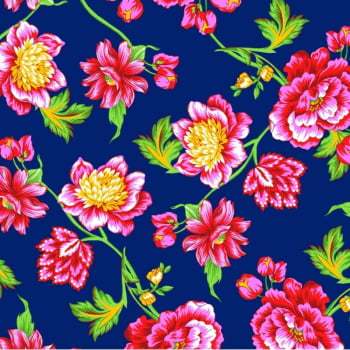 Tecido chitão 100% algodão estampado floral rosé fundo azul marinho