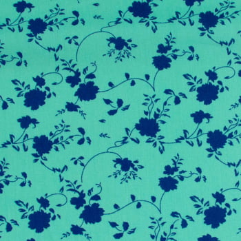 Tecido Tricoline estampado Floral azul com fundo turquesa