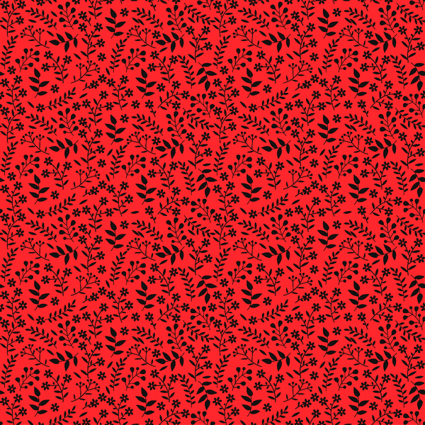 Tecido Tricoline estampado Floral ramificado preto fundo vermelho