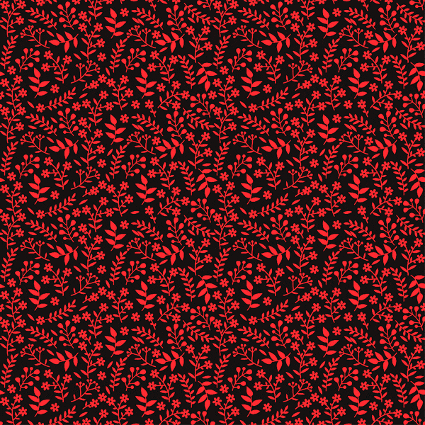 Tecido Tricoline estampado Floral ramificado vermelho fundo preto