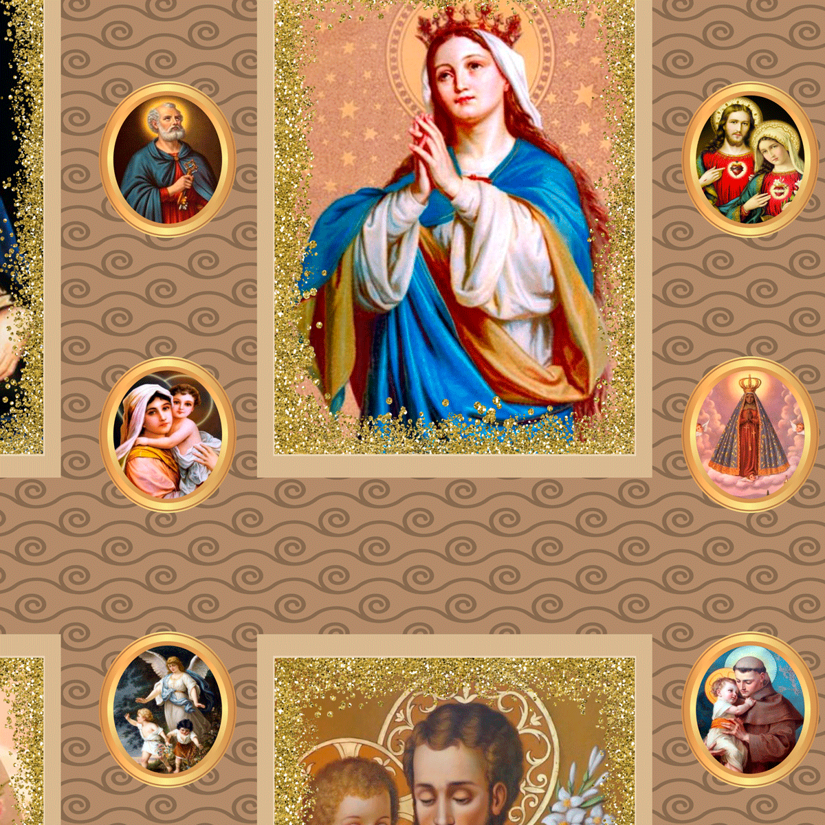 Tecido Tricoline estampa digital santos religiosos com miniaturas